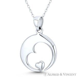 Sideways Heart Cutout & Bubble Heart Charm Circle Pendant in 925 Sterling Silver